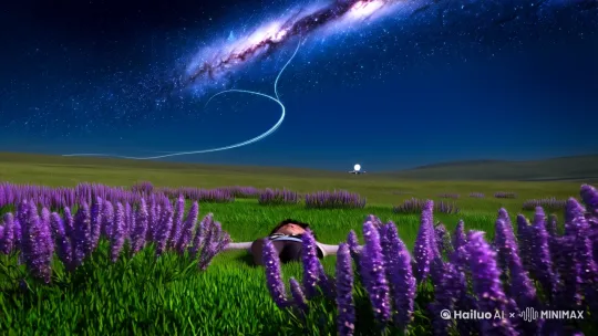 【AI视频分镜脚本 - 星坠之触】

【全景】 
广角镜头掠过夜风拂动的草原，紫色鼠尾草在月光下泛起丝绸光泽。镜头抬升，浩瀚银河如同被神明打翻的银沙，天蝎座尾针正指向匍匐在地平线上的流火卫星。

【中景推近】
十岁男孩拓海呈大字型陷在草甸里，帆布外套沾满苍耳，脖颈处的胎记随呼吸明暗闪烁。特写瞳孔倒映的星海突然泛起涟漪，北斗七星第三颗迸发翡翠色星芒。

【动态环绕镜头】
七百米高空亮起逆时针旋转的光涡，十三道星轨突然凝结成少女的轮廓。她足尖轻点猎户座腰带，星尘编织的襦袢在真空无声飘荡，发梢垂落的碎光将云层烧灼出蜂窝状光斑。

【升格特写】
当少女降落在龙胆花丛的刹那，三十七只夜鹭从芦苇荡惊起。她的指尖距离男孩食指0.03公分时，草叶上的露珠开始反重力悬浮，方圆五里内的萤火虫同时亮起求偶频率的强光。

【双人特写】
接触瞬间拓海胎记浮现古梵文投影，少女胸前的月光石发出蜂鸣。特写两人睫毛同时结出冰晶，草根深处传来远古萨满鼓的震动频率，银河中心突然睁开一只琥珀色瞳孔。

【隐喻镜头】
星芒化作发光绦虫钻入土壤，夜视镜头下地底亮起庞大的神经网络。最后定格在两人倒影——星空中的英仙座与仙女座正在重构连接轨迹，一片羽毛带着量子纠缠编码飘向正在坍缩的玫瑰星云。 by Hailuo AI Video Generator