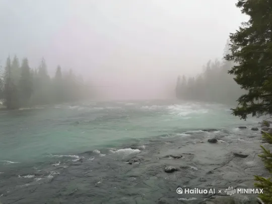 固定镜头。河水流动，天气逐渐转晴，蓝天白云露出来。 by Hailuo AI Video Generator