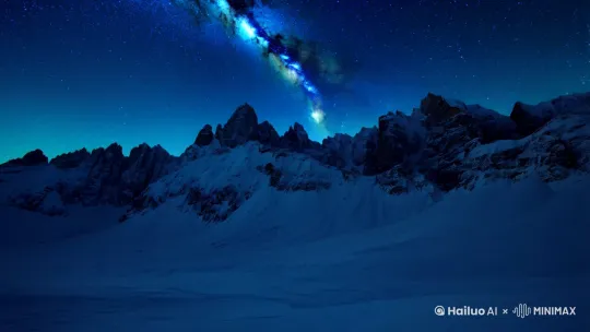 画面：
广角仰视雪峰群，深蓝色夜空密布星斗，银河斜贯画面
山体覆盖厚雪，月光在雪面泛出微弱冷光，镜头缓慢右移
光影：冷色调（#2D3A5E 至 #0A1829） by Hailuo AI Video Generator