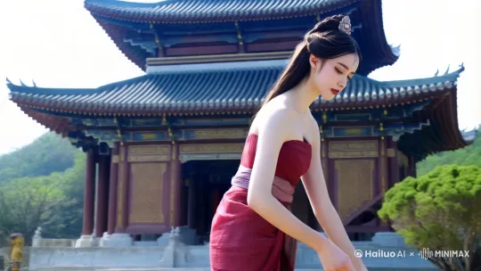 【镜头右移，左摇，拉远，跟随】人物穿着无肩汉服，黑丝，蹲下来在天宫喂着鸽子 by Hailuo AI Video Generator