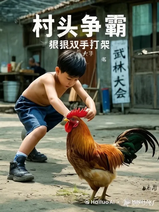 小男孩跟公鸡拳打脚踢狠狠打架，腾空飞起，男孩拳头直接打在公鸡身上，公鸡头跟脚也狠狠打在男孩身上 by Hailuo AI Video Generator