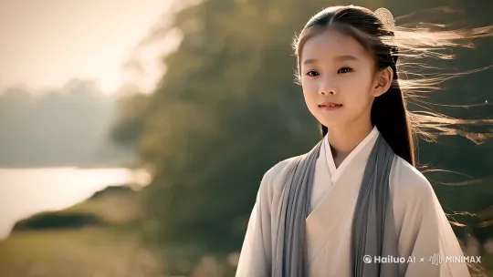 她是一个16岁的中国古代女子，穿着灰白色飘逸长衫，梳着好看的发髻，风吹动她的秀发，美丽的面庞在光影中更显华光。她抬起眼眸，露出笑容，定格镜头，端庄艳丽，惊为天人，让人一见钟情。 by Hailuo AI Video Generator