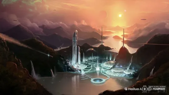 在一个科幻未来世界中，一座未来城市坐落在湖边，夜景，城市的灯光闪烁，远处夕阳缓慢落下，镜头缓慢向前推进，画面中的飞船在空中飞过。 by Hailuo AI Video Generator