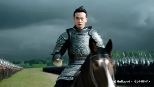 骑在马背上身穿铠甲的古代勇士，身后千军万马。 by Hailuo AI Video Generator