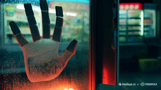 特写镜头：雨夜便利店玻璃起雾的手掌印（粉笔灰残留指尖）
▷ 镜头下拉：13岁女孩小雨蜷缩在霓虹灯箱旁抽泣[下摇] by Hailuo AI Video Generator