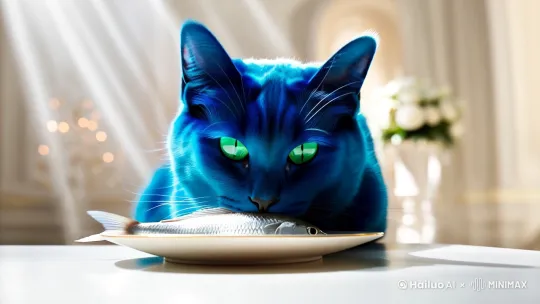一蓝猫吃鱼 by Hailuo AI Video Generator