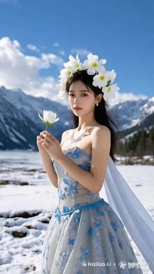 镜头跟踪，转身360度走动幻化成雪莲花，人形消失，要求动作丝滑不突兀，不卡顿， by Hailuo AI Video Generator