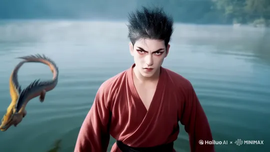 这个龙族化身的男人，在水面上练功，打出降龙十八掌 by Hailuo AI Video Generator
