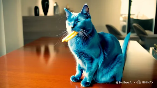 一只蓝色的猫在吃麦当劳 by Hailuo AI Video Generator