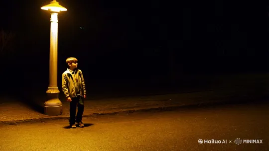 夜晚路灯下，一个男孩站在路灯左侧，昏黄的灯光撒在街道上，男孩抬头[右摇]看到路灯右侧的女孩，女孩跑过来[跟随]抱住了男孩 by Hailuo AI Video Generator