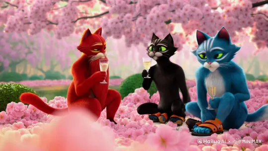 在一个桃花园里，红色长胡子胖猫和黑色大眼睛胖猫和蓝色穿着草鞋的胖猫在结义，他们举起酒杯一起喝酒又一起把酒杯摔碎 by Hailuo AI Video Generator