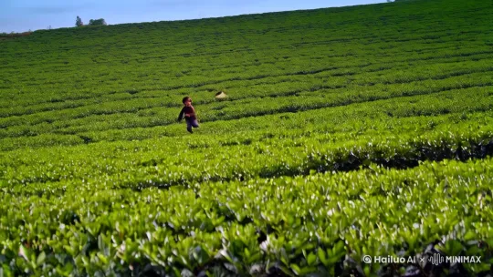 夏日清晨 翠绿茶园 一位活泼可爱的俊秀靓丽的畲族少年 奔跑追逐一只自由飞翔的小鸟  镜头大幅下降并上摇 再大幅上升并下摇 展现天地之广阔  镜头快速推进并跟随 捕捉少年之欢乐 by Hailuo AI Video Generator