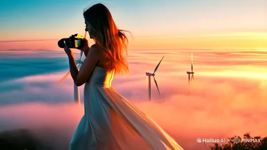 "Ultra-realistic photography, cinematic lighting, 
A graceful female figure in flowing silk dress standing on mountain cliff edge, back view showing elegant posture, 
Golden hour sunlight creating strong volumetric rays through misty sea of clouds, 
Modern white wind turbines with matte metallic surfaces emerging from cloud layer, 
Soft gradient from coral sunrise hues to cool morning blues, 
Delicate cloud texture with subtle depth variations, 
Leica SL3 camera with APO-Summicron 75mm f/2 lens, 
Natural skin texture details, wind-blown hair realism, 
Minimal post-processing with film grain overlay, 
Award-winning nature photography style, 
aspect ratio 3:4 --ar 3:4 --style raw" by Hailuo AI Video Generator
