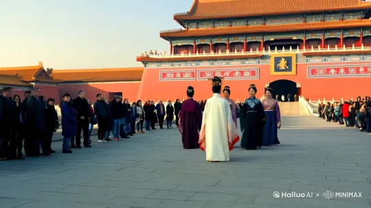 古装美女在紫禁城中轴线上走秀，由远及近，5人，周边野人围观。 by Hailuo AI Video Generator