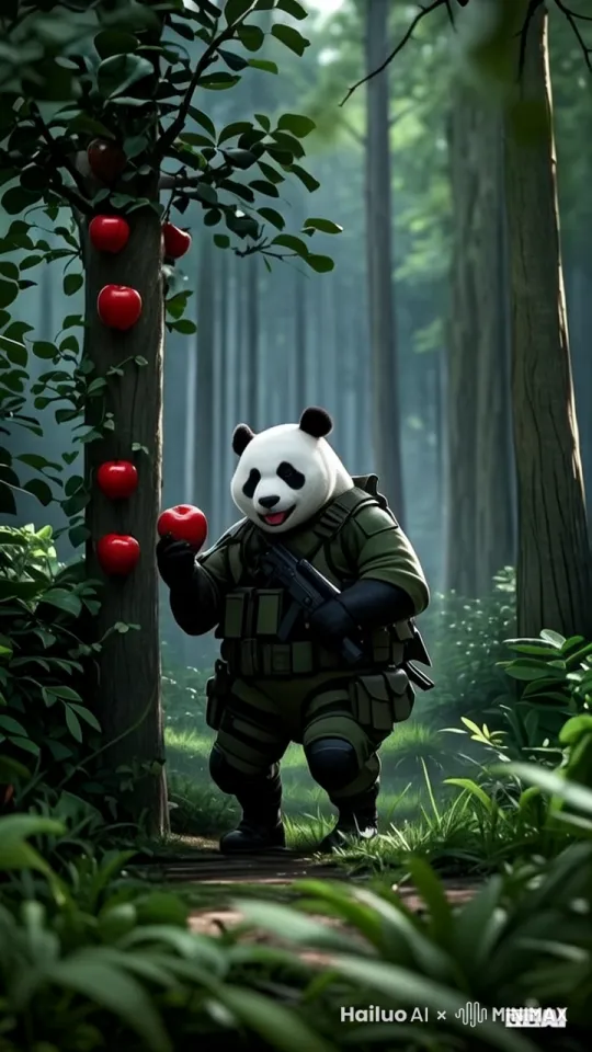 熊猫战士吃着苹果，看着前方 by Hailuo AI Video Generator