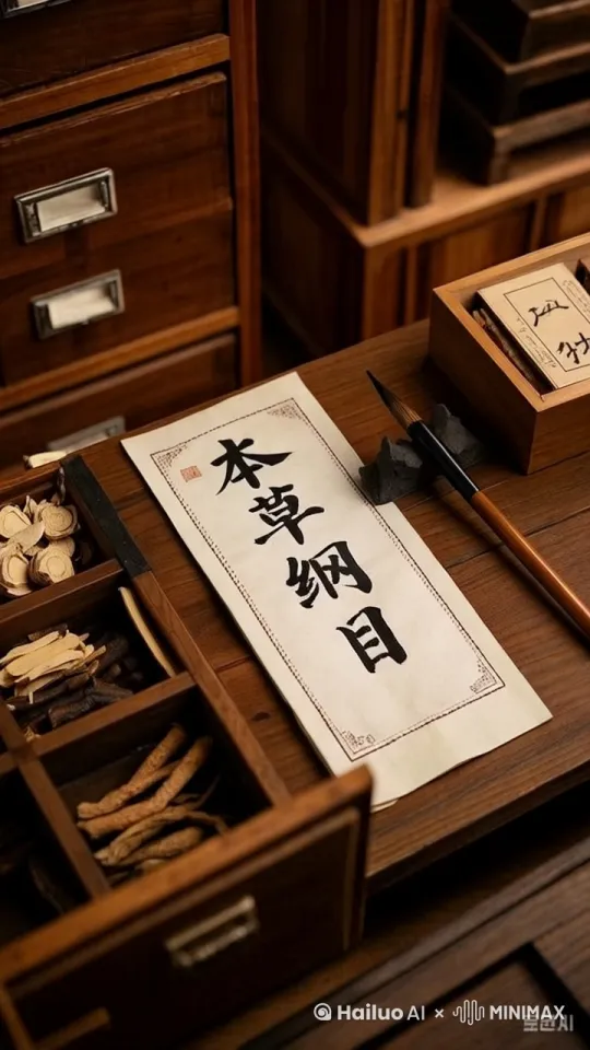 画面中毛笔字“本草纲目”浮现，展现动态书页，背景中古代药柜抽屉自动开合，露出药材，抽屉开合要带出烟雾特效 by Hailuo AI Video Generator