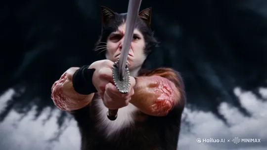 猫快手上青筋暴起剑上浩荡黑色魔威涌现,大喊一声:“魔神第一剑!”向天空斩出一剑,天空乌云汇聚雷电炸响,一只六手魔神从中走出面无表情斩出一剑,剑气引起万里风云变幻。下方长老闻之色变,震撼的看着猫快斩出的一剑 by Hailuo AI Video Generator