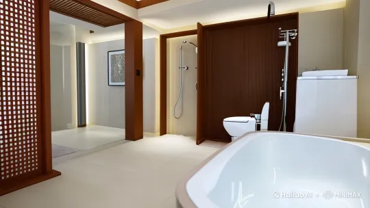 [左移,右摇,跟随]中中式浴室，有淋浴、有洗刷、有智能马桶、有大浴缸及智能浴柜 by Hailuo AI Video Generator