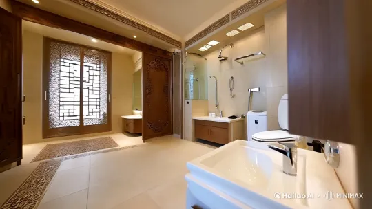 [左移,右摇,跟随]中中式浴室，有淋浴、有洗刷、有智能马桶、有大浴缸及智能浴柜 by Hailuo AI Video Generator