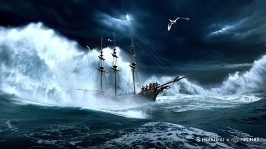 [右摇,变焦推进]夜晚，狂风巨浪的大海，镜头缓缓推进，一艘古代欧洲大型帆船在汹涌的波涛中挣扎漂荡。海面上白沫翻滚，帆船时隐时现，仿佛随时可能被巨浪吞噬。天空乌云密布，雷声轰鸣，海鸥在空中盘旋尖叫。帆船上的人们紧紧抓住缆绳，努力保持平衡。突然一道闪电，一只巨大的章鱼冲出海面，激起巨大的浪花，这只章鱼用触手抓住了帆船，画面风格写实，充满紧张和动感。 by Hailuo AI Video Generator