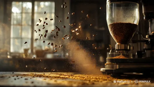 A selected coffee beans falling into an industrial-style coffee grinder being ground into fine powder, dynamic shot of rotating and colliding between burrs, coffee powder gently floating in the air with rich coffee aroma, cozy café interior with wooden decor and warm lighting, close-up side view emphasizing motion and texture, documentary photography style, soft directional lighting by Hailuo AI Video Generator