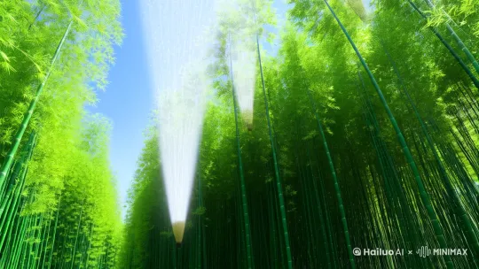 3. **【3秒】竹光呼吸**
- 安徽木坑竹海的全景环绕镜头
- 竹叶间隙漏下的丁达尔光柱随山风摇曳
- 每束光线中悬浮着：
　- 慢速旋转的茶筅泡沫
　- 凝结在空中的雨滴矩阵
　- 具象化的《平沙落雁》古琴音波

4. **【3秒】雪月禅境**
- 终南山雪夜的全息镜头
- 月光在冰瀑上折射出《心经》微雕文字
- 结尾镜头推向结霜的千年银杏：
　- 最后一片金叶落地时
　- 叶脉纹路突然流动成《早春图》笔触
　- 背景传来雪压竹枝的「しなり」自然音
**技术深化：**
- 动态控制：所有运动遵循斐波那契螺旋轨迹，风速严格控制在0.3m/s模拟禅修呼吸节奏
- 色彩系统：基于日本传统「七十二候」色卡，主色调采用「麹尘」+「秘色」的渐变体系
- 声学设计：融合尺八泛音（584Hz）与西藏颂钵共振频率，植入8D环绕脑波同步技术 by Hailuo AI Video Generator