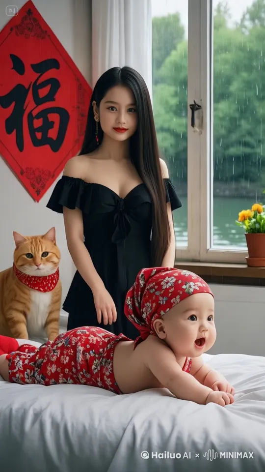 橘猫站起来，走到娃娃前面，不停的挥舞前爪，有节奏的扭动身体，逗娃娃开心，橘猫乐呵呵的表情，张着小嘴呵呵呵呵的笑，娃娃看着橘猫搞笑的行为笑得非常开心。镜头右摆。 by Hailuo AI Video Generator