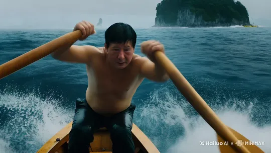 He starts to row desperately towards the direction of the island. Even though the waves are still huge, his arm muscles are taut. His back is hunched as he pulls on the oars. His wet clothes are flapping in the wind, and water is constantly splashing into the boat. His eyes are fixed on the island.|A tracking shot following the boat as it moves towards the island against the waves.8K image quality by Hailuo AI Video Generator