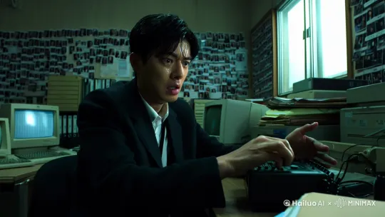 # 《刑侦之抓内奸》

## 一、场景：小办公室
1. 全景：狭小的办公室内，摆放着杂乱的文件和几台老式电脑，灯光昏暗。墙上贴满了各种案件相关的照片和资料。哪吒坐在办公桌前，神情紧张地操作着一台加密通讯设备，背后的窗户透进一丝光线。他时不时警惕地看着门口和窗户的方向。
    - 台词（哪吒）：“情况紧急，得赶紧通知他们。”
2. 中景：哪吒的手上不停地在设备上输入着密电码，额头上冒出了细汗。眼睛紧紧盯着设备屏幕，手指因为紧张而略微颤抖。

## 二、敖隐出场
1. 全景：办公室的外走廊，敖隐戴着墨镜，身着黑色西装，一脸严肃地朝着办公室走来。他的脚步很轻，但坚定有力。
    - 台词（敖隐内心独白）：“哼，今天终于被我抓到了。”
2. 近景：敖隐到达办公室门口，耳朵贴在门上听了一下里面的动静，手慢慢放在门把手上。
3. 全景：敖隐轻轻推开办公室的门，走了进去，眼睛迅速扫视了一圈办公室内的情况，最后定格在正在操作密电的哪吒身上。

## 三、抓捕瞬间
1. 特写：哪吒觉察到异样，抬头震惊地看到敖隐就在面前，眼睛瞪大，这时他的手还停在密电设备上。一脸不敢置信。
    - 台词（哪吒）：“你……怎么会来？”
2. 近景：敖隐迅速伸手抓住哪吒正在操作密电设备的手，将他从椅子上猛地拽起。同时另一只手快速夺走哪吒腰间的武器（假设为一把小型匕首）并扔掉。
    - 台词（敖隐）：“跟我走一趟吧，你的把戏结束了。”
3. 中景：哪吒挣扎，下腿扫向敖隐试图反抗，敖隐敏捷地躲开。于是哪吒挥动另一只自由的手向敖隐的脸打去，敖隐把头一侧，顺势用力把哪吒摔倒在地上，然后用膝盖顶在他的背上，牢牢地制住了他，从口袋里拿出手铐铐住哪吒的双手。
    - 台词（哪吒大声喊）：“你没证据，凭什么抓我！”
    - 台词（敖隐）：“你的这些密电通讯就是证据，别挣扎了。”
4. 全景：敖隐押着哪吒往办公室外走去，哪吒一边走一边还在试图为自己辩解，而敖隐不为所动。 by Hailuo AI Video Generator