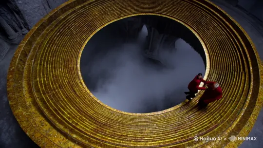 一个金色巨大的莫比乌斯环阶梯，有一个红衣小人，怎么走也走不出去，斑驳纹理，阶梯深不见底，下方被雾气掩埋，整个画面透着灰蓝色阴暗气息，充满神秘，诡异的色彩，如梦魇般缠绕，无法挣脱，现实，鸟瞰，超清晰 by Hailuo AI Video Generator