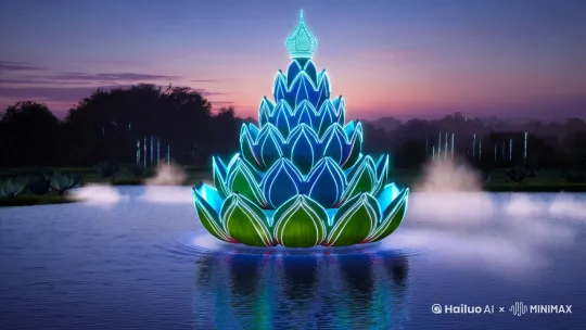 Ultra-wide shot of lotus pond at dawn, nine-layer lotus throne emerging with neon Sanskrit rotating, mist forming 'Nezha' in seal script, Unreal Engine 5 rendering --ar 21:9 --style mystical" by Hailuo AI Video Generator