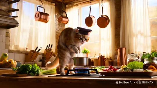 一只猫咪在做饭 by Hailuo AI Video Generator