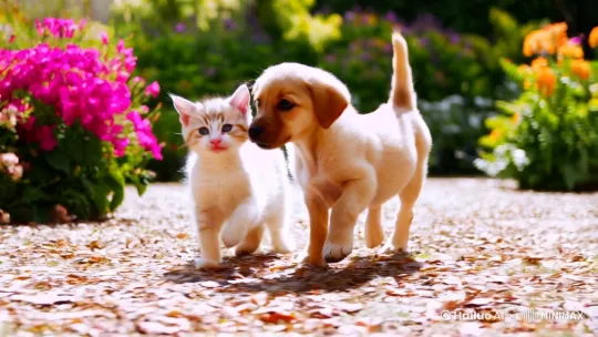 小猫和小狗在一起玩[左移,跟随] by Hailuo AI Video Generator
