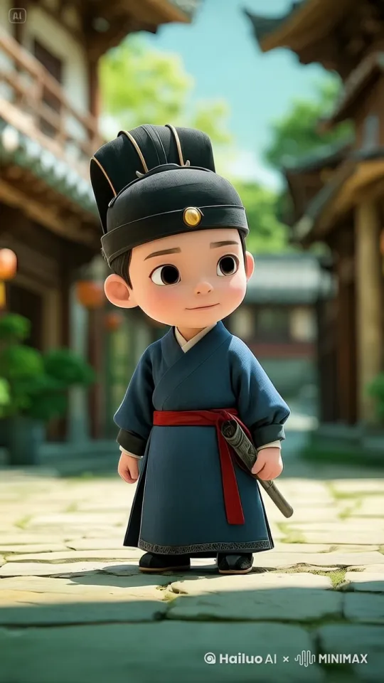 图中小男孩慢慢向右转身，再慢慢向前走动，动作自然流畅 by Hailuo AI Video Generator