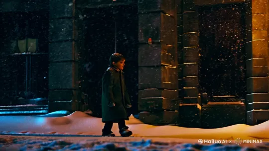 外面大雪纷飞，一名孤独的男生行走在路灯下，踩着雪发出咯吱咯吱的声音[右移,跟随] by Hailuo AI Video Generator