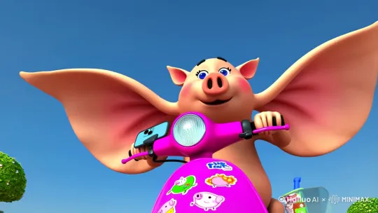 Close-up shot, fat pig demon Bajie with long snout and giant ears riding pink electric scooter covered in Peppa Pig stickers, holding bubble tea in mouth, first-person POV from phone holder, wind blowing ears, trending TikTok style, 3D cartoon, vivid colors, dynamic angle from low position --ar 9:16` by Hailuo AI Video Generator