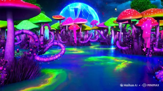 **幻彩星环森林**  
荧光紫巨型蘑菇林脉动彩虹光波｜半透明水母状孢子群悬浮于钴蓝液态河流｜扭曲藤蔓释放粉绿星形烟雾｜天际线处蓝晶气态行星环带碎钻闪烁｜赛博漫画笔触+故障艺术色散+几何光晕｜高对比霓虹色与LSD视效   by Hailuo AI Video Generator