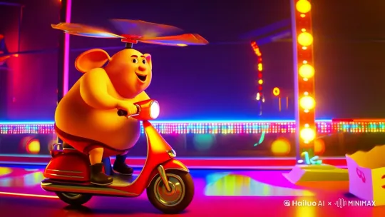 `Full-body tracking shot, fat character doing "Subject 3" dance on moving scooter, big ears spinning like helicopter blades, takeout box exploding with flying skewers, neon lighting, disco atmosphere, glitch transitions, trending Chinese meme style --ar 9:16` by Hailuo AI Video Generator