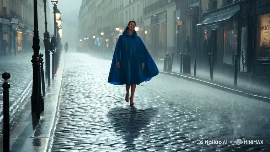 下雨了，女人穿着雨衣走在巴黎的大街上，他丝毫不慌张，因为他穿了雨衣 by Hailuo AI Video Generator
