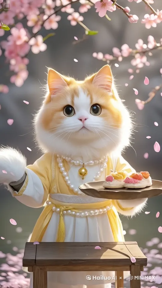 空中花瓣飘落，猫咪开心的笑着，一只爪子在招手，固定镜头 by Hailuo AI Video Generator