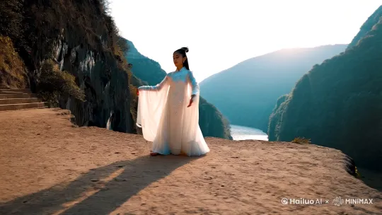 高视角俯拍，一位古装少女，穿着精致的丝绸白长裙，全身，翩翩起舞，在山峰峭壁上拍摄，峭壁下是湍急的河水，融合中国传统和现代美学，优雅和精致，电影感强烈的感觉，高清，4K 画质，超清晰 by Hailuo AI Video Generator