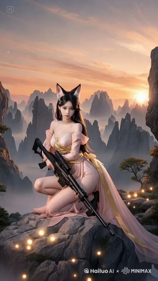 画面主体：一位貌若天仙的狐仙美女，她拥有迷人的狐狸眼，眼角微微上挑，耳朵尖而灵动，面部线条柔美且充满魅惑。身着飘逸的淡粉色古风长裙，腰系金色丝带，手中紧握着一把黑色金属质感的狙击枪。
场景氛围：在一座神秘古老的山海经山脉之中，夕阳的余晖将天空染成橙红，山谷间弥漫着薄薄的雾气。奇形怪状的巨石和古老的树木错落分布，地面上闪烁着奇异的光芒。
主体行为：狐仙美女身姿轻盈地单膝跪地，一只手撑在地面保持平衡，另一只手抬起狙击枪，迅速瞄准目标，扣动扳机，射击瞬间，脸上表情专注且坚毅。
构图方式：对角线构图，狐仙美女的动作沿对角线方向展开，增强画面的动态感和紧张氛围。
艺术风格：融合了山海经的奇幻神话风格与现代武器的写实风格，创造出一种超现实的视觉冲击。
图像质量：真实摄影，高质量，超清画质 专业构图，达芬奇大师后期调色 by Hailuo AI Video Generator