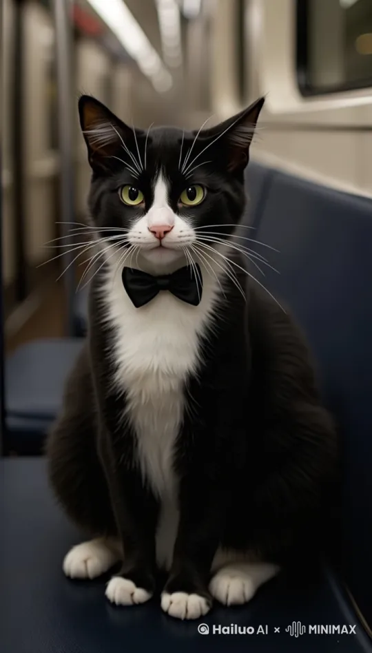 一只奶牛猫，有蝴蝶结，在地铁车厢，准备上班。
特写镜头，猫用爪子打了一个响指 by Hailuo AI Video Generator
