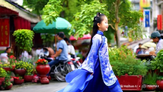 一个中式风格穿戴的女孩走在街上，跟随运镜[右移,跟随] by Hailuo AI Video Generator