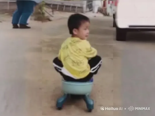 这个小孩飞了起来，他向这很高的双子塔飞去。 by Hailuo AI Video Generator