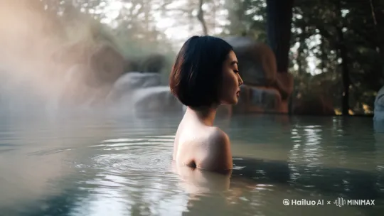 [右移,左摇,跟随]一个短头发中国美女慢慢走进温泉池里泡澡 by Hailuo AI Video Generator