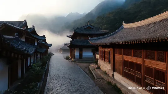中国江西葛仙村图片,古镇街道,雨后早晨,烟雨蒙蒙,远方有山连绵起伏,淡淡的雾气,人间仙境,近景真实拍摄  by Hailuo AI Video Generator