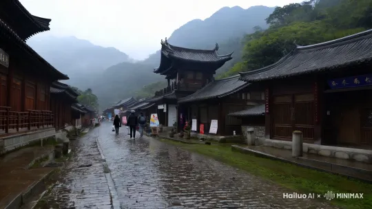 中国江西葛仙村图片,古镇街道,雨后早晨,烟雨蒙蒙,远方有山连绵起伏,淡淡的雾气,人间仙境,近景真实拍摄  by Hailuo AI Video Generator