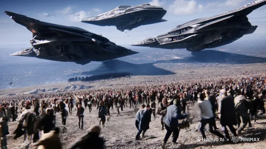 外星战舰入侵地球，释放机器人大军攻击人类，人类四处奔逃，眼睛里面充满了恐惧，[拉远,右摇,右移] by Hailuo AI Video Generator