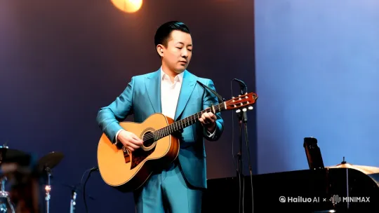 男人身着蒂芙尼蓝色西装，站在舞台上在表演吉他弹唱；柔美的灯光打在他的身上，非常典雅美好；镜头逐渐推进，聚焦于他深情的表演。 by Hailuo AI Video Generator
